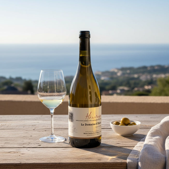 Le Domaine d'Henri Chablis 1er Cru Fourchaume Heritage 2020 with glass and olives