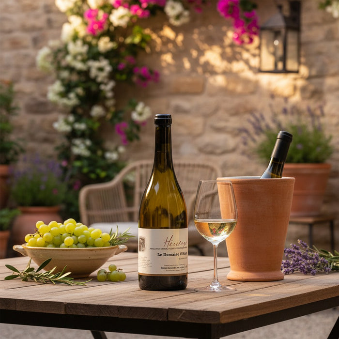 Le Domaine d'Henri Chablis 1er Cru Fourchaume Heritage 2020 with glass, grapes and wine cooler.