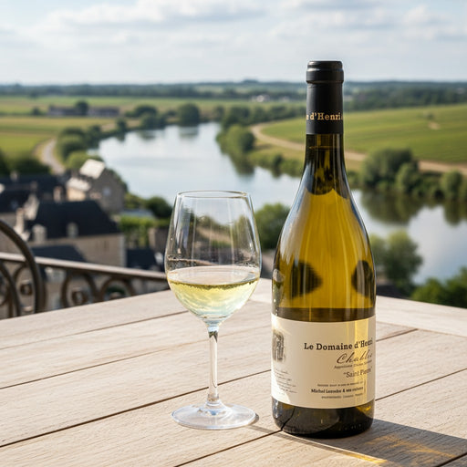 Le Domaine d'Henri Chablis Saint Pierre with a glass of wine over looking a river.