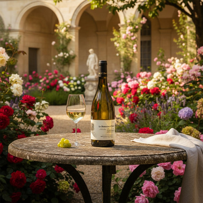 Le Domaine d'Henri Chablis 1er Cru Fourchaume 2023 with glass of wine