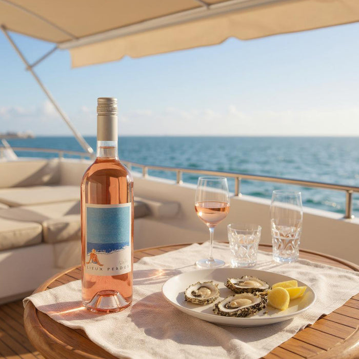 Bottle of rose wine, glasses, and plate of oysters on a boat with ocean view