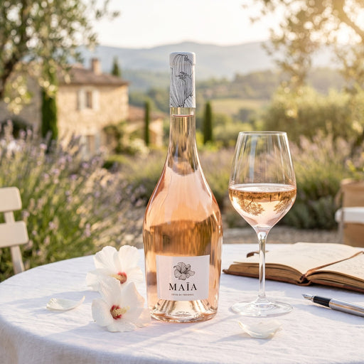 Bottle of Maia rosé wine with a glass on a table outdoors with a scenic background
