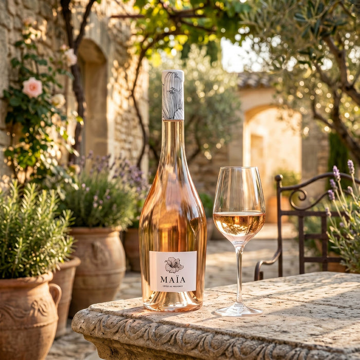 Bottle of MAIA rose wine with a glass on a stone table in a garden setting