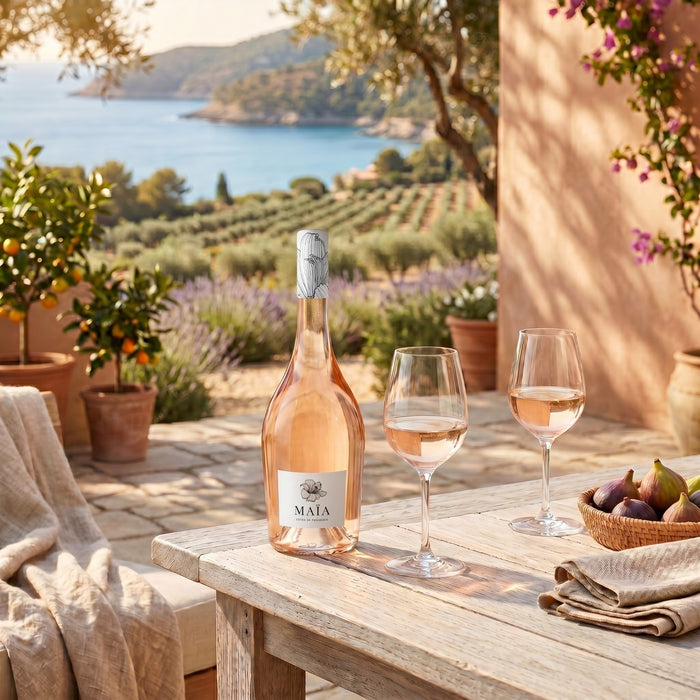Bottle of Mata rose wine with two glasses on a wooden table by a scenic outdoor setting.