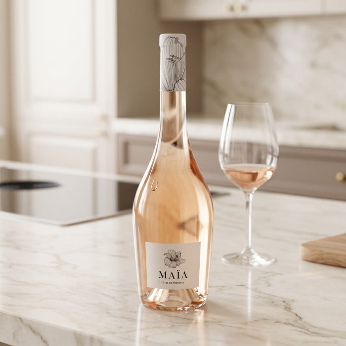 Bottle of Maáa rosé wine on a marble countertop with a glass of wine.