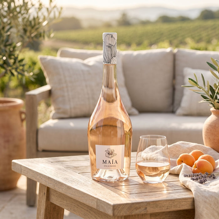 Bottle of Maéa rosé wine with a glass on a wooden table outdoors.