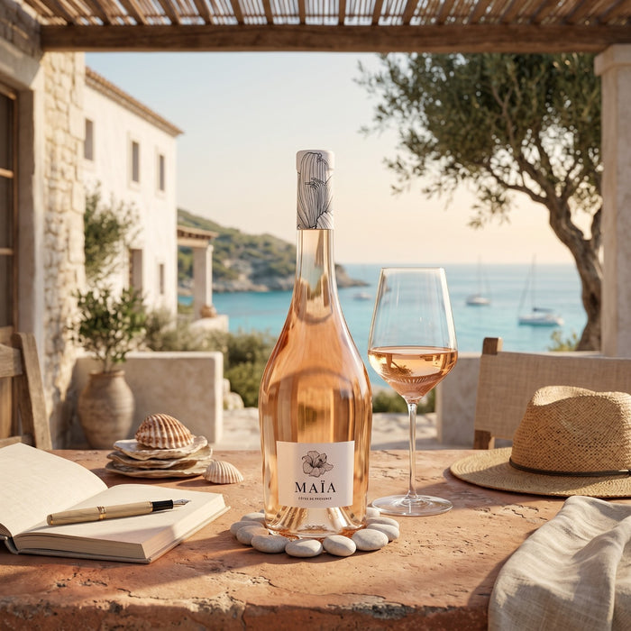 Bottle of Maia rosé wine with a glass on a table by the sea.