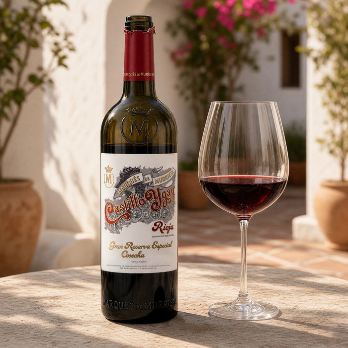 A bottle of Marques De Murrieta Ygay Gran Reserva red wine stands on a stone table beside a filled wine glass, with a warm outdoor patio and potted plants in the background.