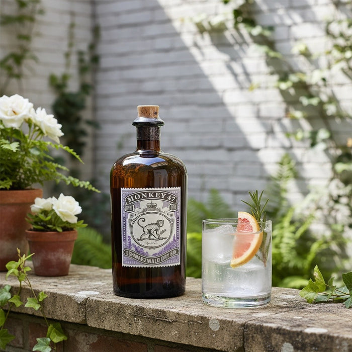 Bottle of Monkey 47 gin with a cocktail on a stone ledge outdoors
