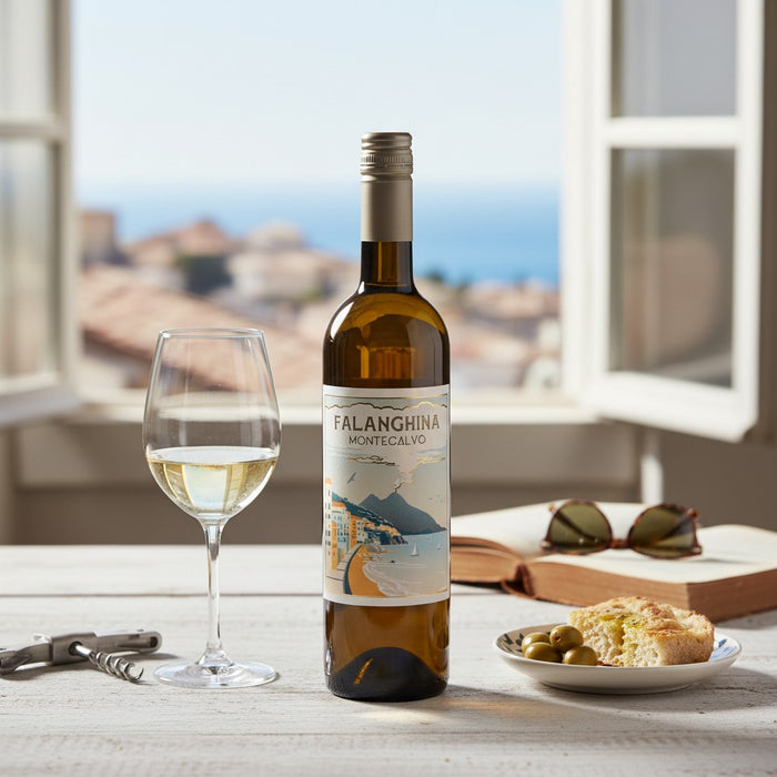 Bottle of Montecalvo with bread and white wine.