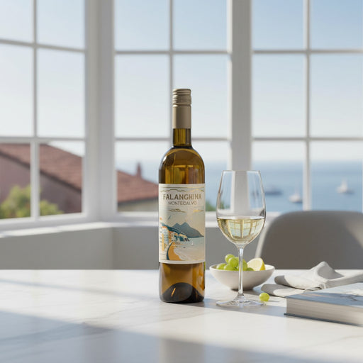 Bottle of Falanghina wine with a glass on a table by a window with a view of the sea.