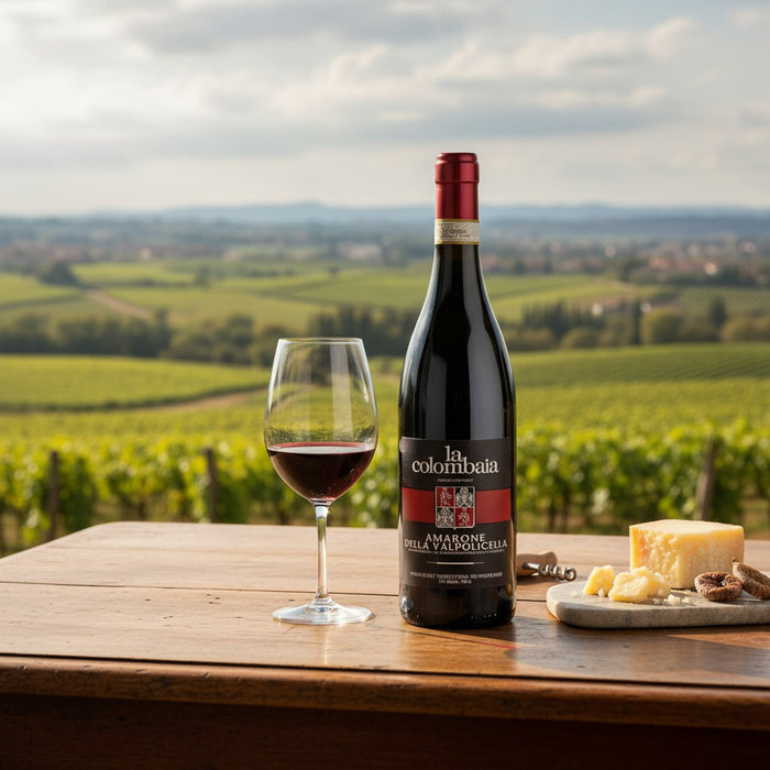 Montresor La Colombaia Amarone della Valpolicella DOCG with a plate of cheese and glass of wine with a vineyard view