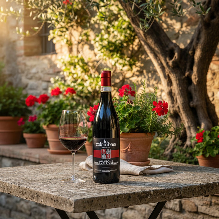 Bottle of Montresor La Colombaia Amarone della Valpolicella DOCG 75cl and glass on a stone table with garden background