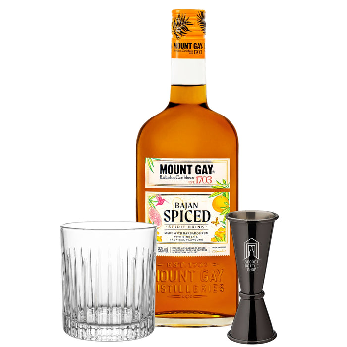 Mount Gay Bajan Spiced Rum, Tumbler Glass & Jigger Gift Set 70cl