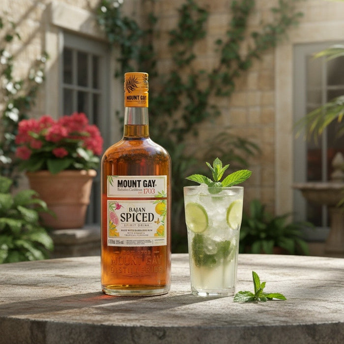Mount Gay Spiced rum bottle with a cocktail garnished with lime and mint leaves on a wooden table outdoors.
