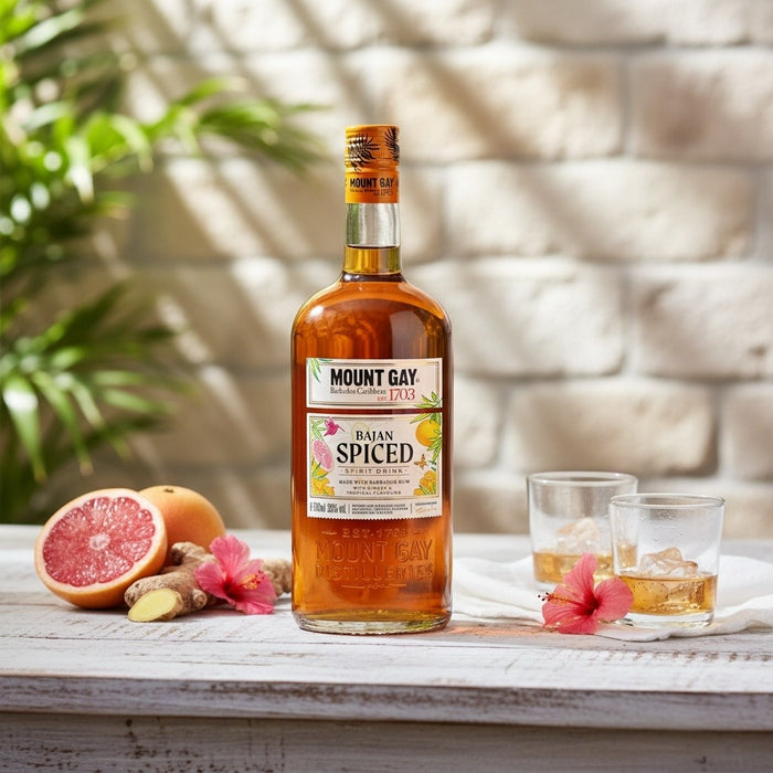 Mount Gay Spiced rum bottle with two glasses on a wooden table outdoors.