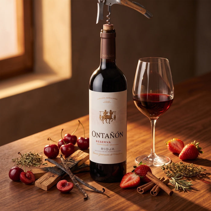A bottle of Ontanón Reserva Rioja red wine stands on a wooden table beside a filled wine glass, with cherries, strawberries, cinnamon sticks, and herbs arranged around it. A corkscrew is resting on the bottle, and warm sunlight streams in from a window in the background.