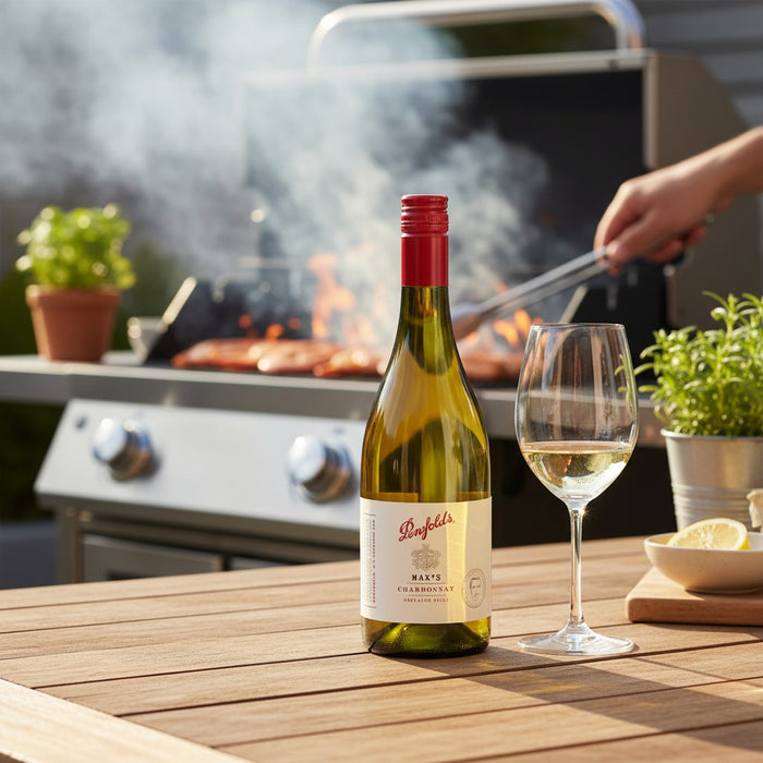 Penfolds wine bottle with a glass on a wooden table with a grill in the background