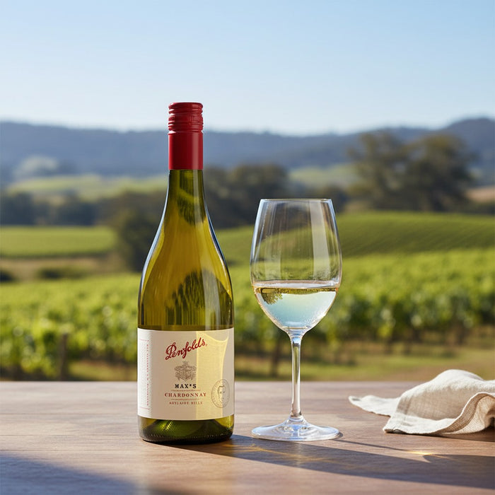 Penfolds wine bottle and glass with vineyard background