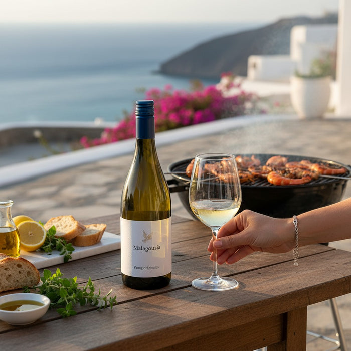 Panagiotopoulos Malagousia  with grilled prawns.
