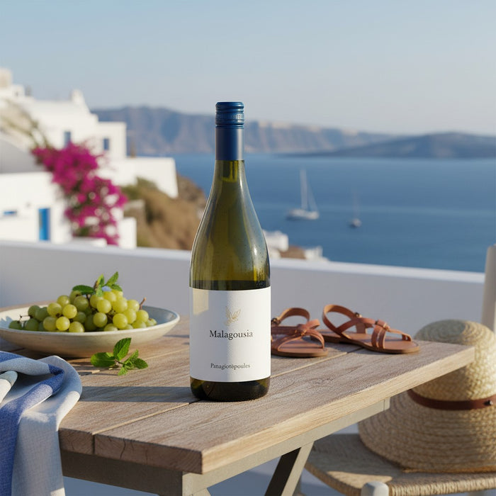 Panagiotopoulos Malagousia ona  table with grapes and a sea view.
