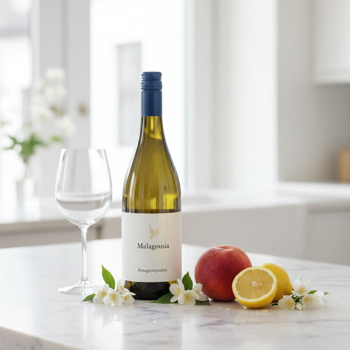 Panagiotopoulos Malagousia with a peach, jasmine and lemon. This wine has notes of peach, citrus and jasmine.