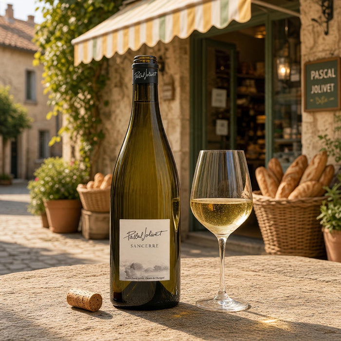 Pascal Jolivet Sancerre Blanc with a glass of wine near a French bakery