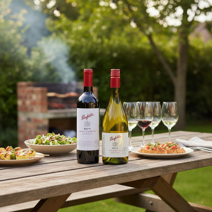 Two wine bottles on a wooden table outdoors with food and glasses.