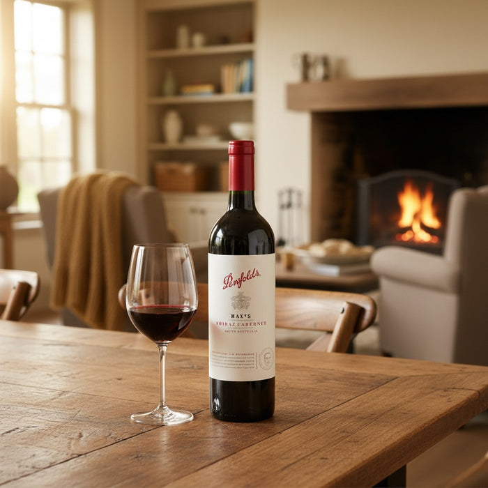 Penfolds wine bottle with a glass on a wooden table in a cozy living room.