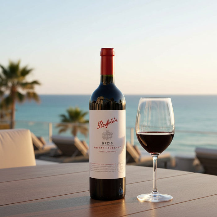 Penfolds wine bottle with a glass of red wine on a table by the ocean.