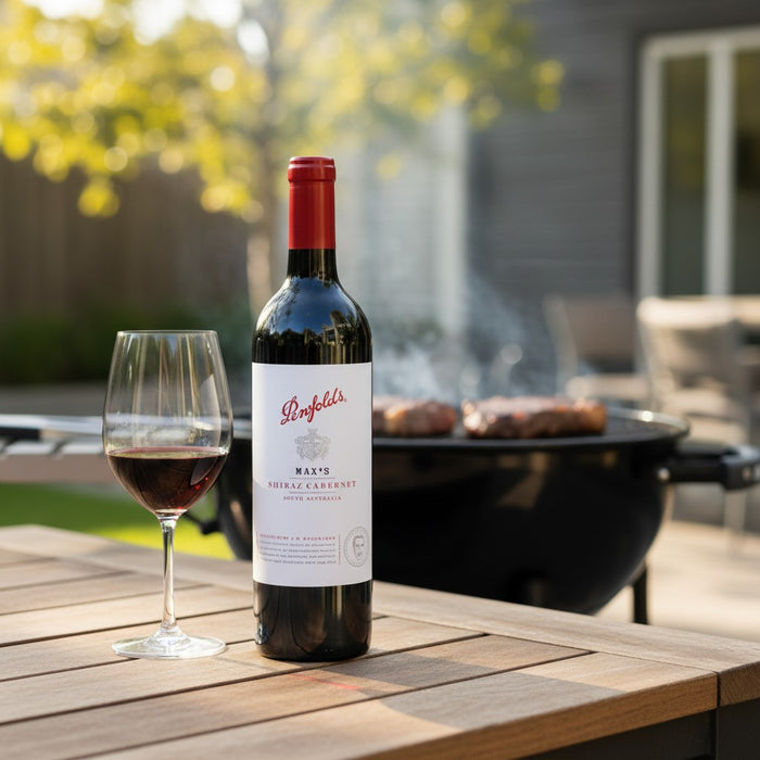 Penfolds wine bottle with a glass on a wooden table outdoors