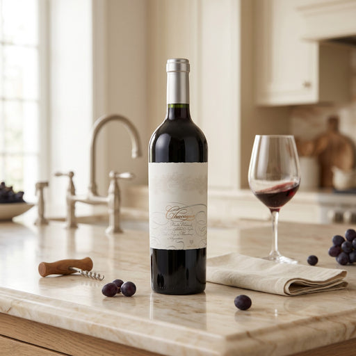 Piedra Negra Chacayes Single Vineyard Organic Malbec in the kitchen with a glass of red wine