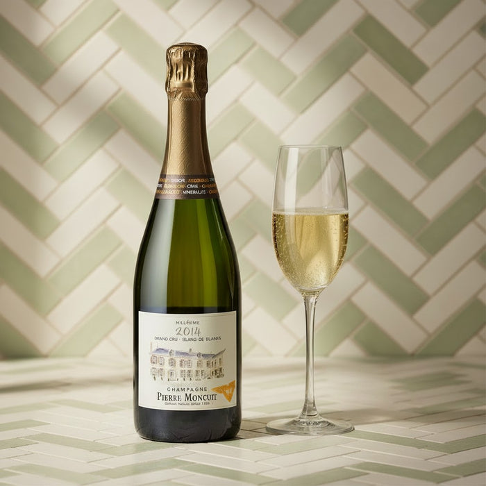 Pierre Moncuit Cuvee Millesime Blanc de Blancs 2014 Champagne 75cl with a glass of champagne on and green and white background.