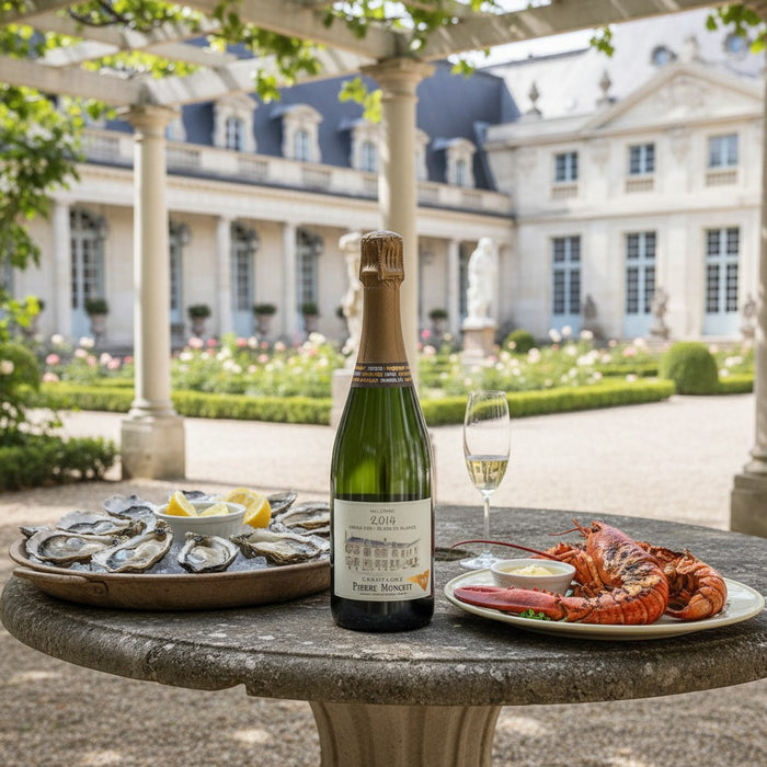 Pierre Moncuit Cuvee Millesime Blanc de Blancs 2014 Champagne with a glass of champagne, oysters and lobster food pairings. 