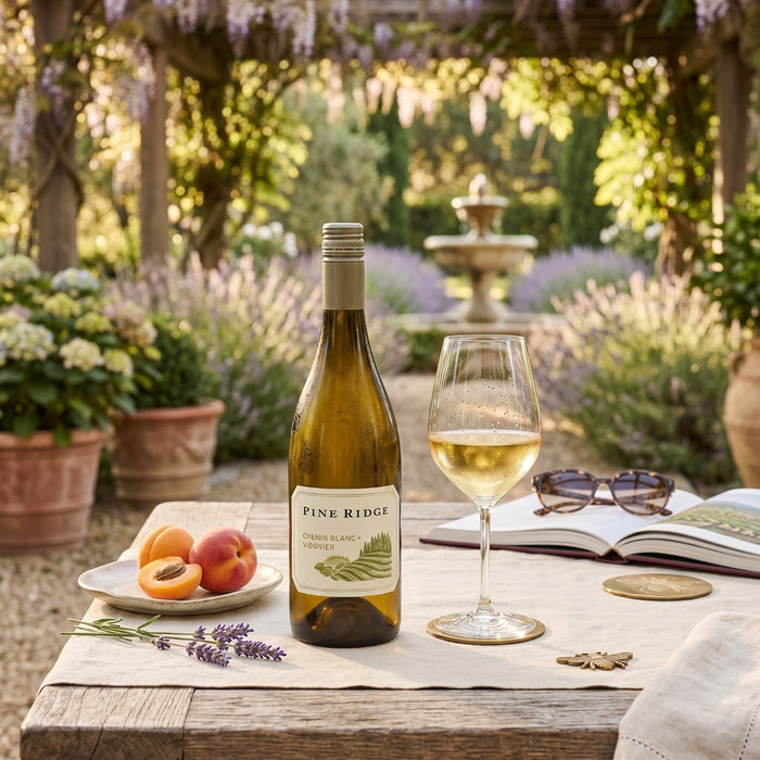 Bottle of Pine Ridge white wine with a glass on a table outdoors, surrounded by flowers and a fountain.