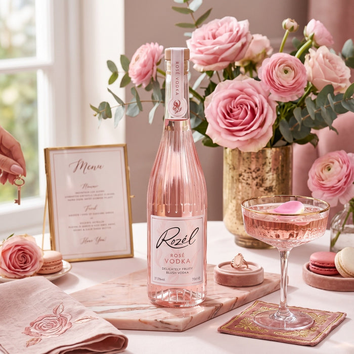 Rozel Rose Vodka with pink flowers in a home setting, with cocktails and sweet treats
