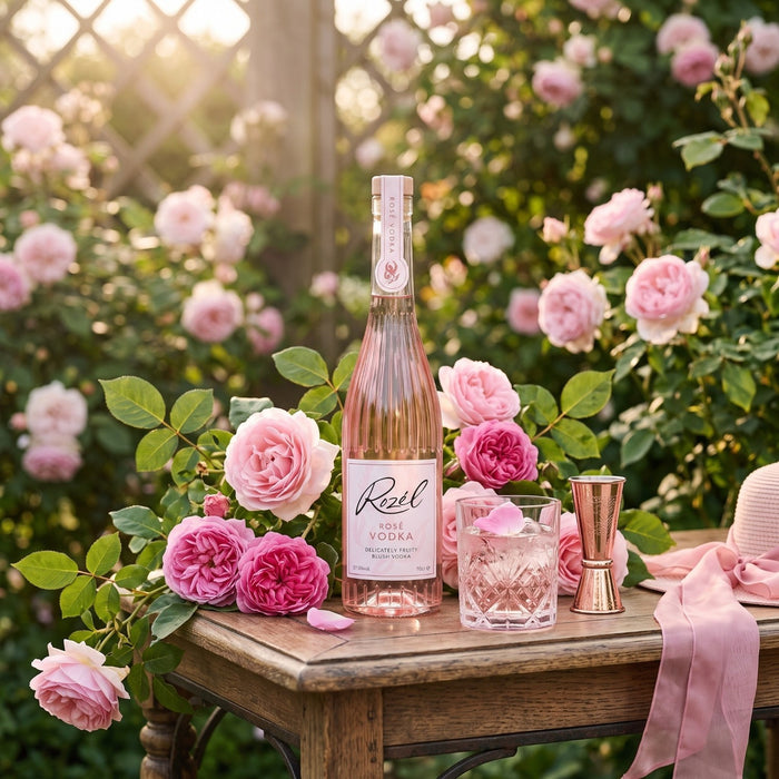 Rozel Rose Vodka in a garden with pink roses and a cocktail