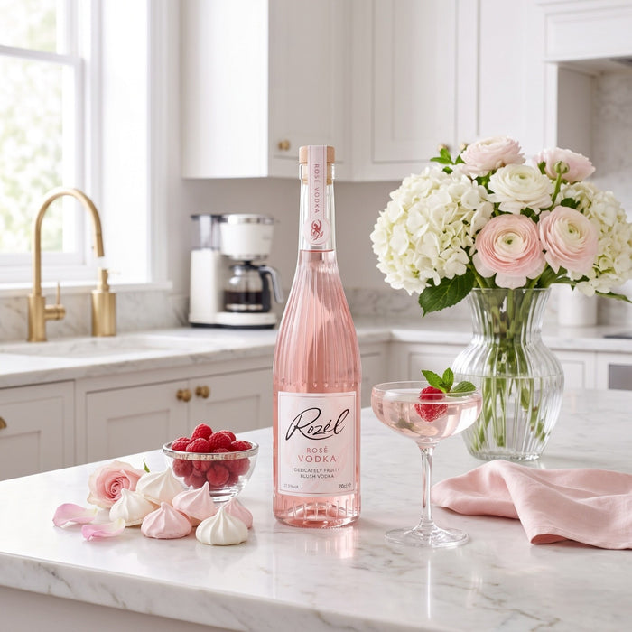 Rozel Rose Vodka in a kitchen with cocktails and sweet treats.