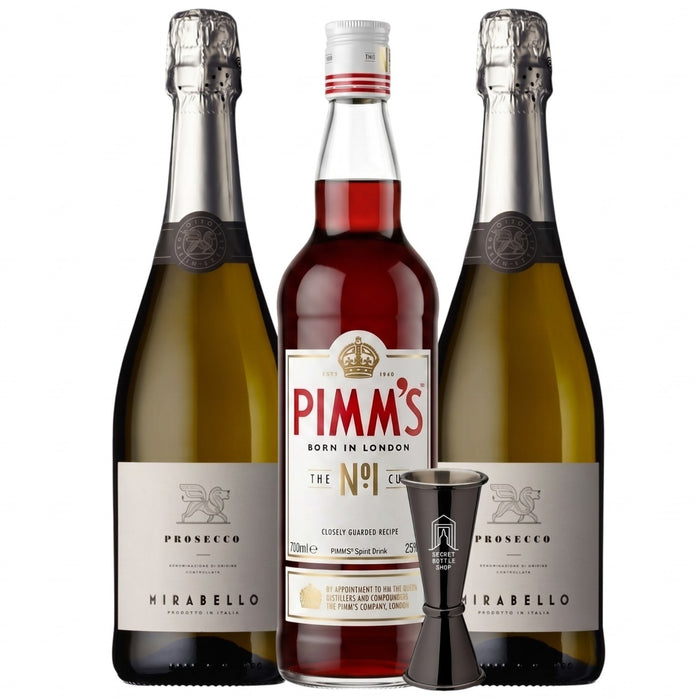 Pimm's & Prosecco party Pack - Two bottles of Mirabello Prosecco and one bottle of Pimm's No. 1 with a Secret Bottle Shop Jigger.