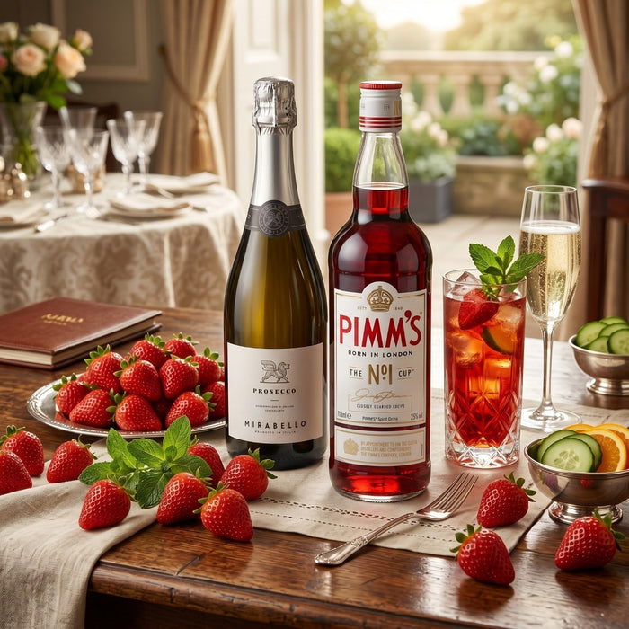 Table setting with Prosecco, Pimm's No. 1 Cup, strawberries, and a cocktail.