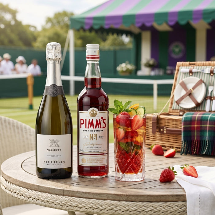 Bottles of Prosecco and Pimm's with a strawberry cocktail on a table outdoors, with a picnic setup in the background.