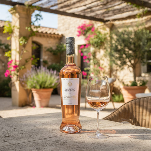 Bottle and glass of rose wine on a table with a garden background