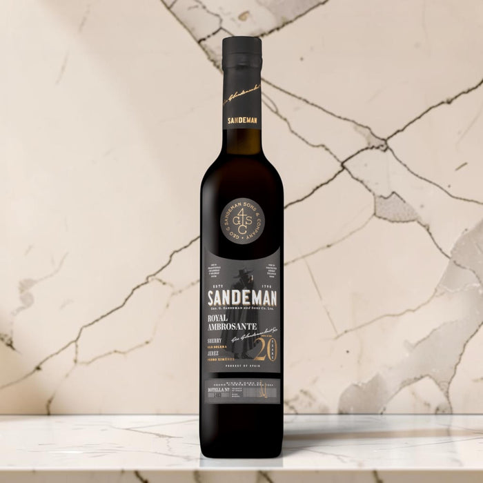 Sandeman Royal Ambrosante Pedro Ximenez 20 Year Old On Marble Countertop