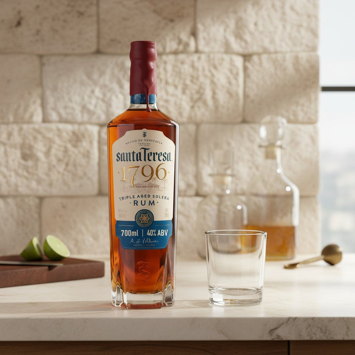 Bottle of Santa Teresa 1796 rum on a countertop with a glass and lime.