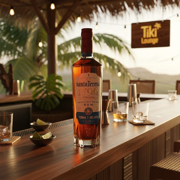 Bottle of Santa Teresa 1790 rum on a bar counter with a tropical setting
