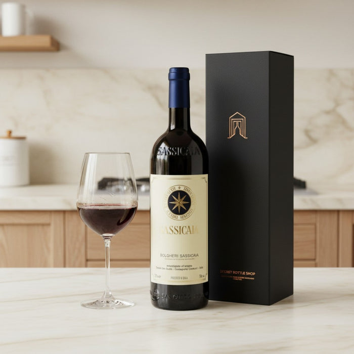 Sassicaia Tenuta San Guido 2018 Gift Boxed on a kitchen counter