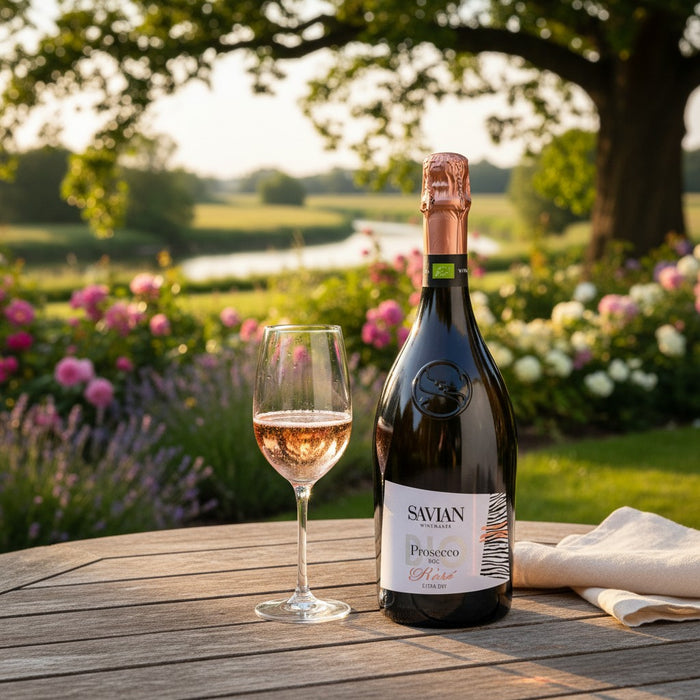Bottle of Savian Prosecco with a glass of pink wine on a wooden table in a garden setting.