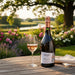 Bottle of Savian Prosecco with a glass of pink wine on a wooden table in a garden setting.