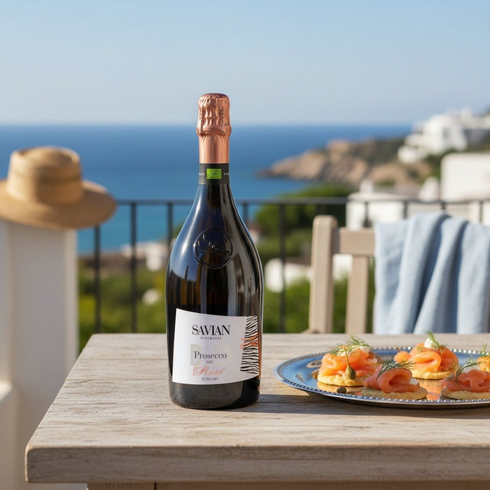 Bottle of Savian Prosecco on a table with a scenic background