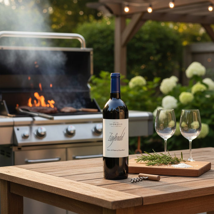 Bottle of wine on a wooden table with a grill and outdoor setting